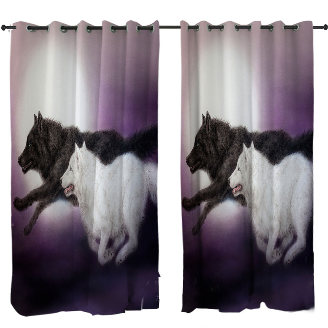 Moonlight Run Black and White Wolves Curtains for Living Room