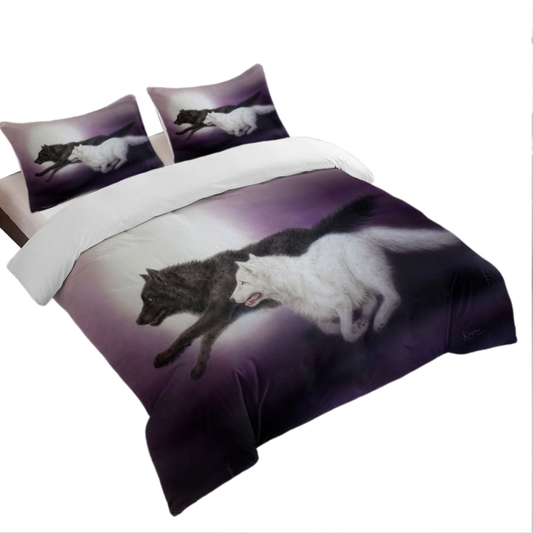 Moonlight Run Black and White Wolves Queen Size Duvet Cover