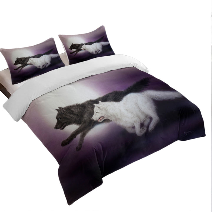 Moonlight Run Black and White Wolves Queen Size Duvet Cover