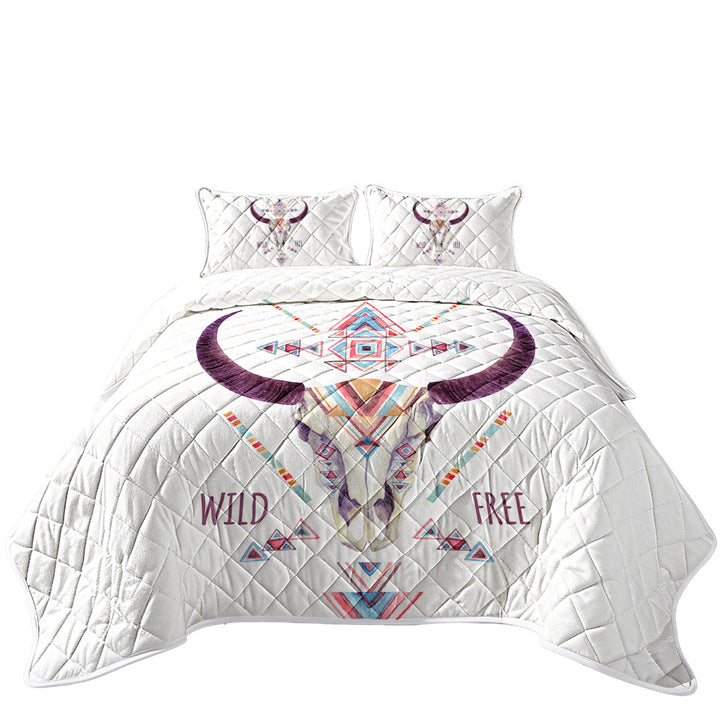 Multi Colored Bull Skull Wild Free Quote Twin Quilt