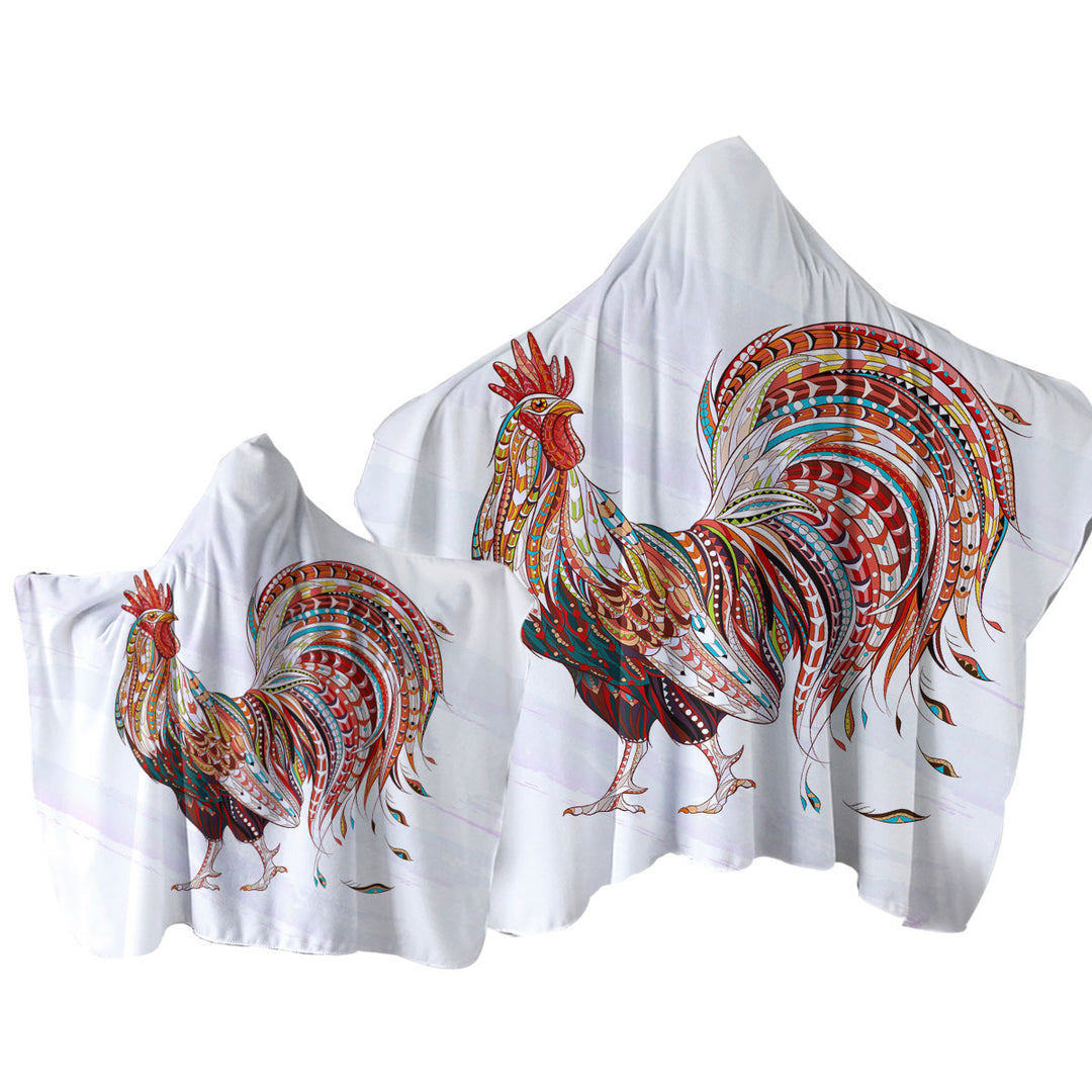 Multi Colored Rooster Hooded Beach Towel