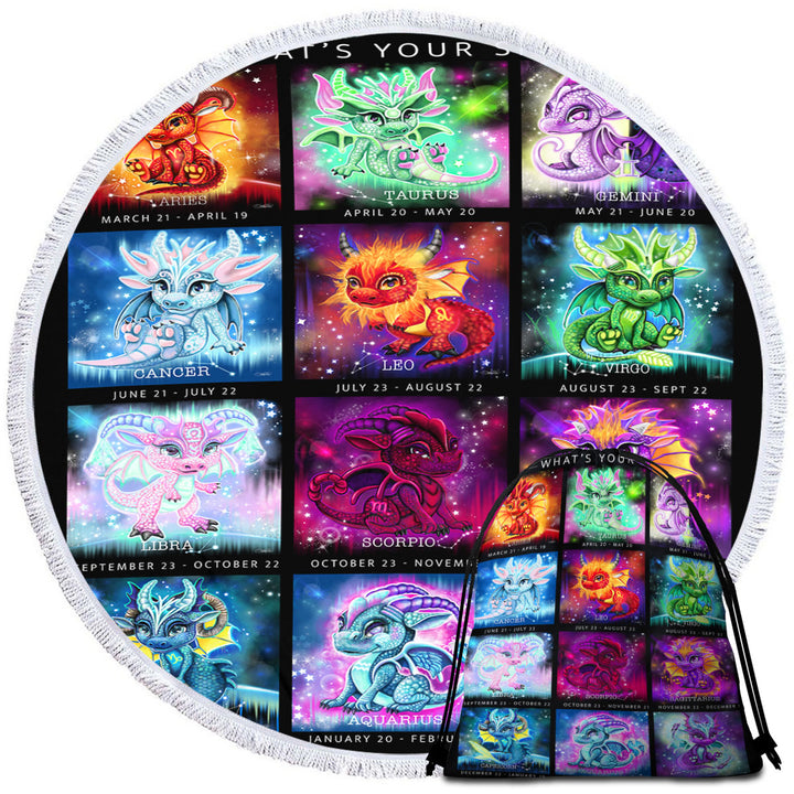 Multi Colored Round Beach Towel The Zodiacs Lil Dragons