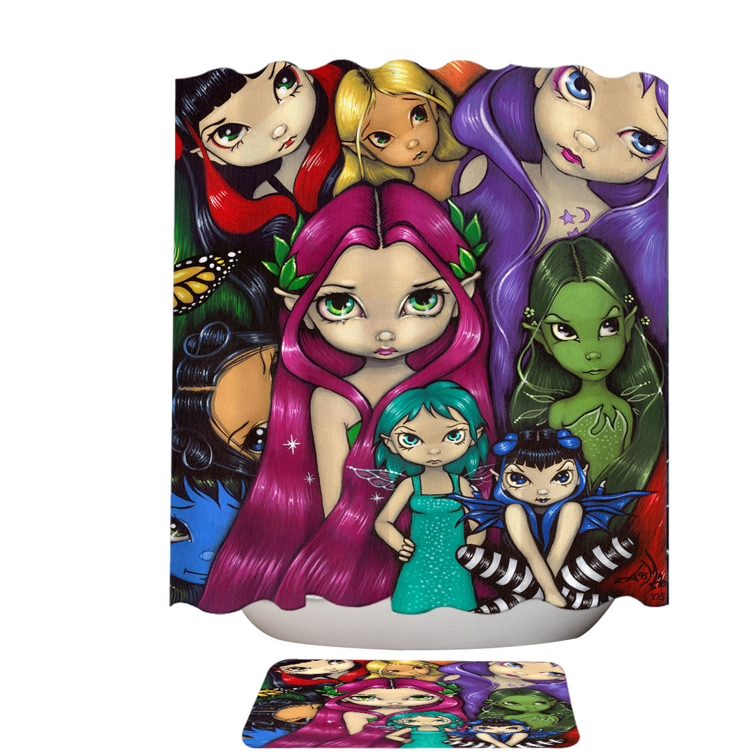 Multi Colored Shower Curtain Painting Fairy Group Portrait