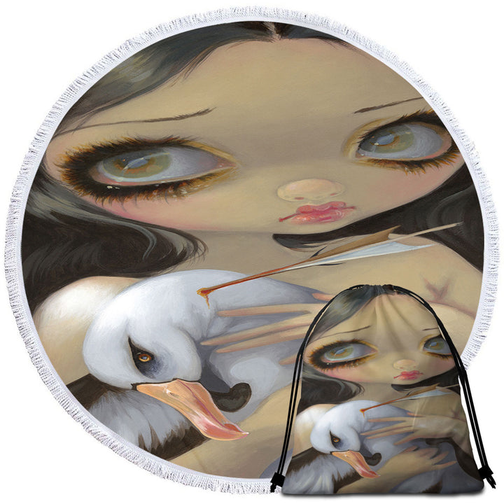 My Albatross Sad Art Painting Girl and Albatross Unusual Beach Towels