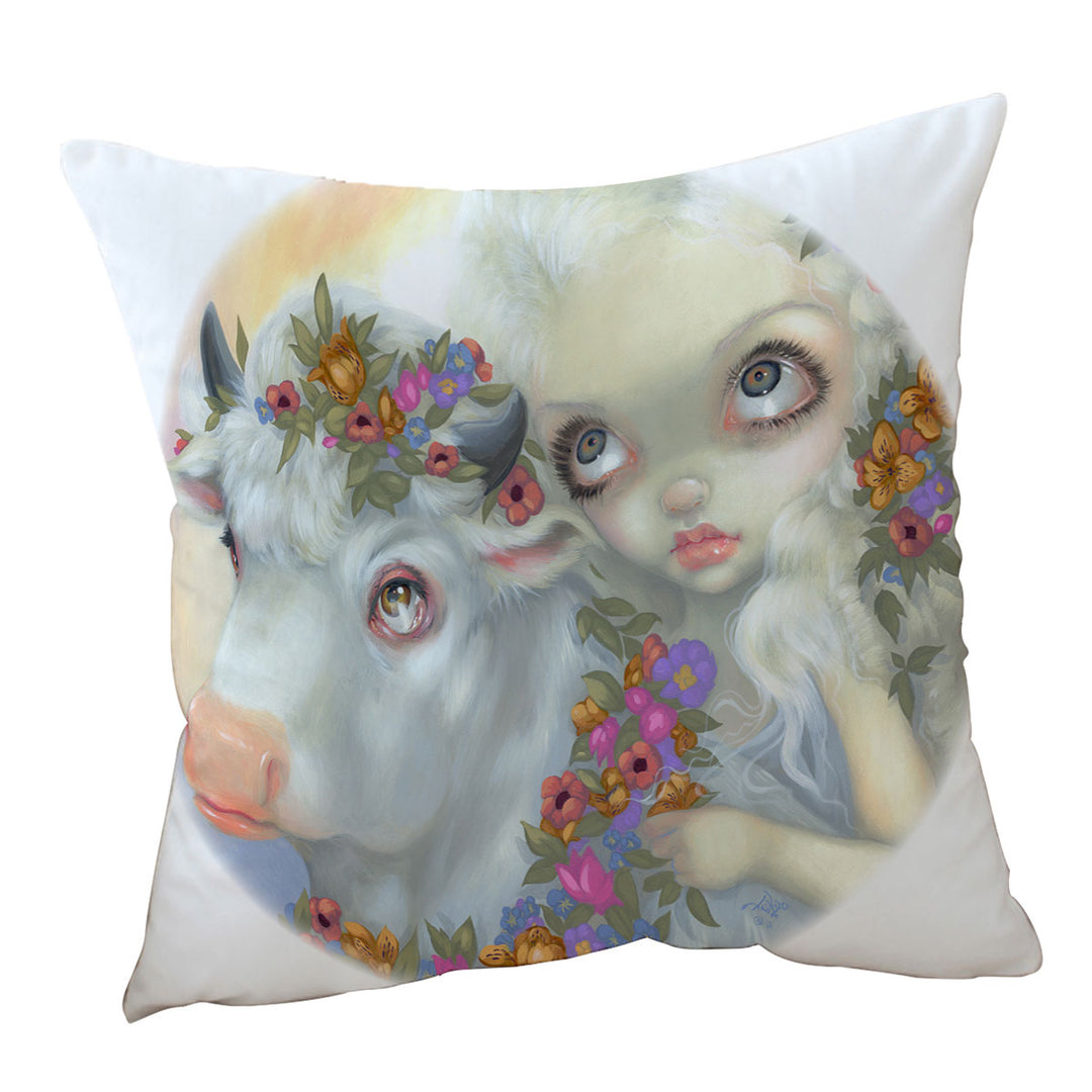 Mythology Cushion Covers Art Zeus and Europa Floral Girl and Bull