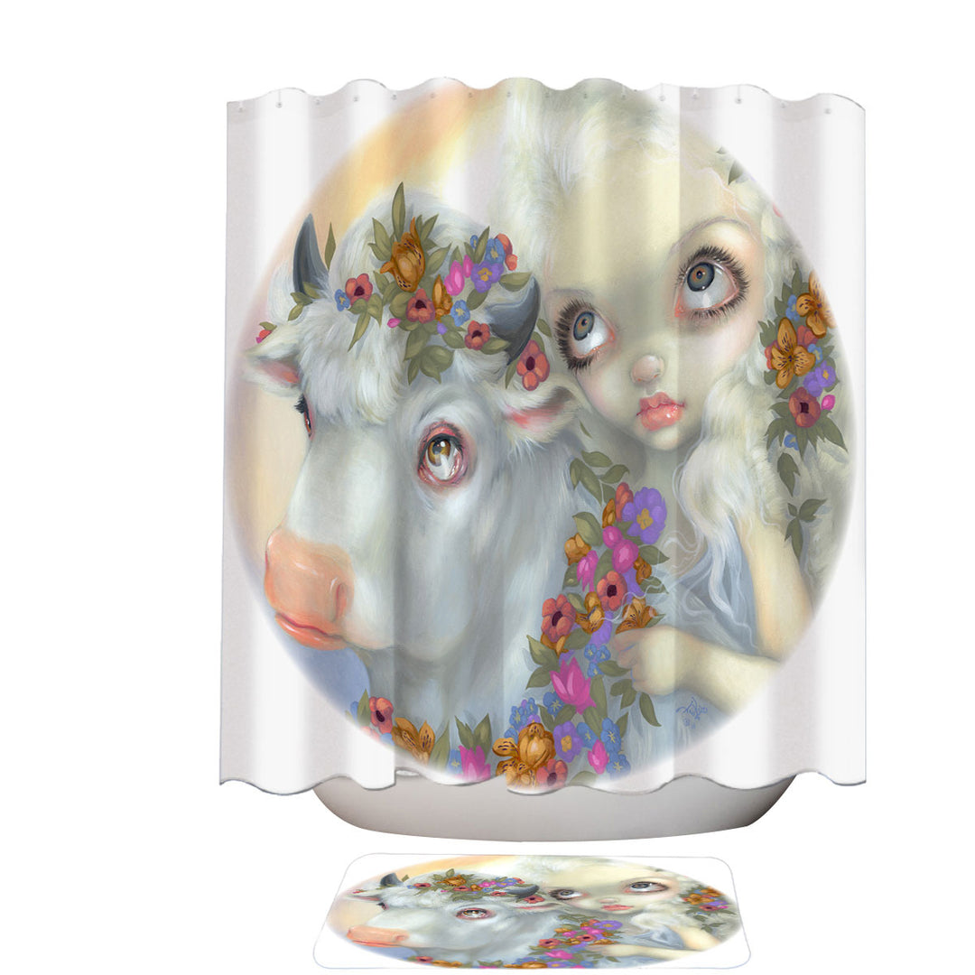 Mythology Shower Curtains Art Zeus and Europa Floral Girl and Bull