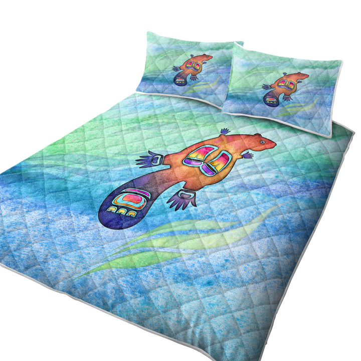 Native American Art Cute Painted Beaver King Size Bedspreads