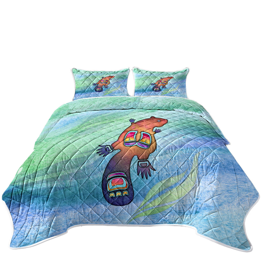 Native American Art Cute Painted Beaver Summer Quilt