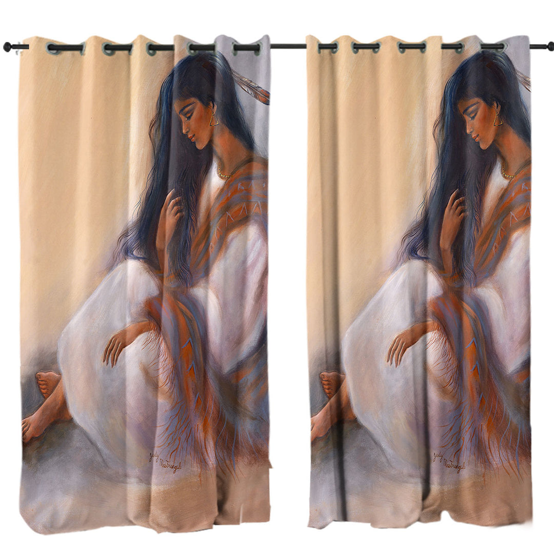 Native American Art Sitting Beautiful Indian Girl Window Curtains