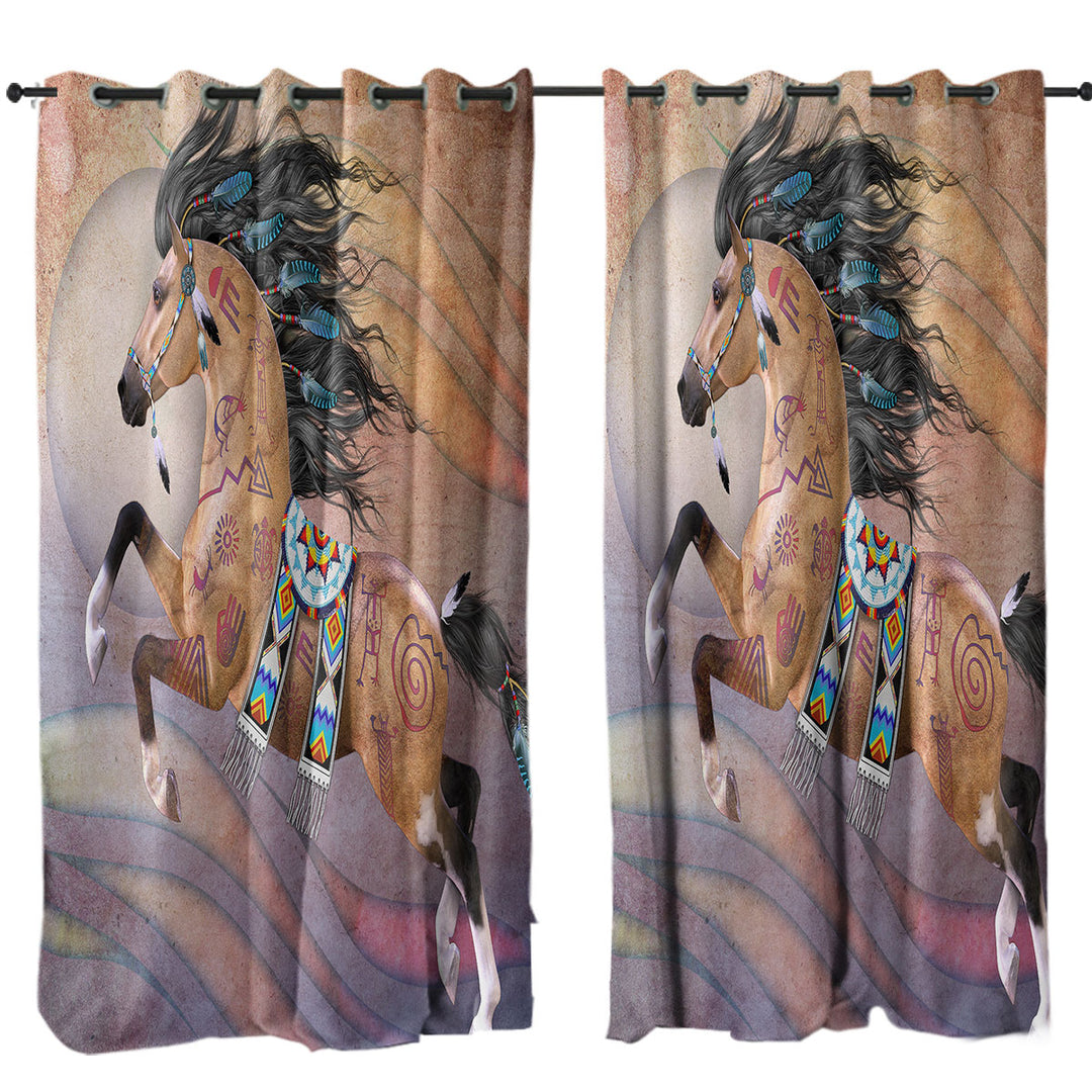 Native American Horse with Native Art Window Curtains