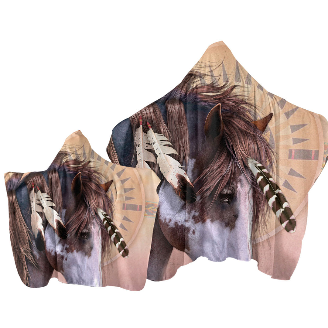 Native American Spirit Feathers Haired Horse Hooded Beach Towel