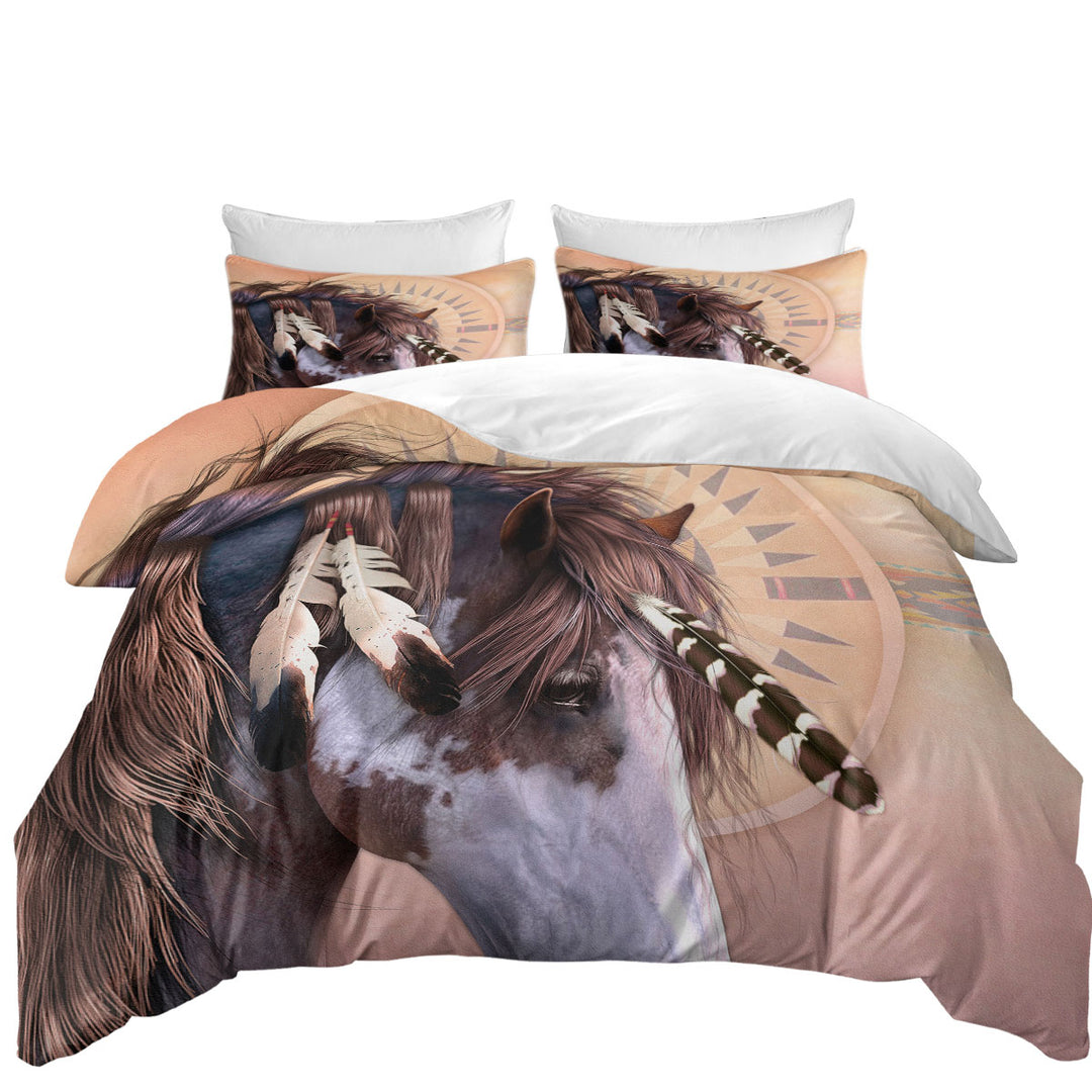 Native American Spirit Feathers Haired Horse King Quilt Cover