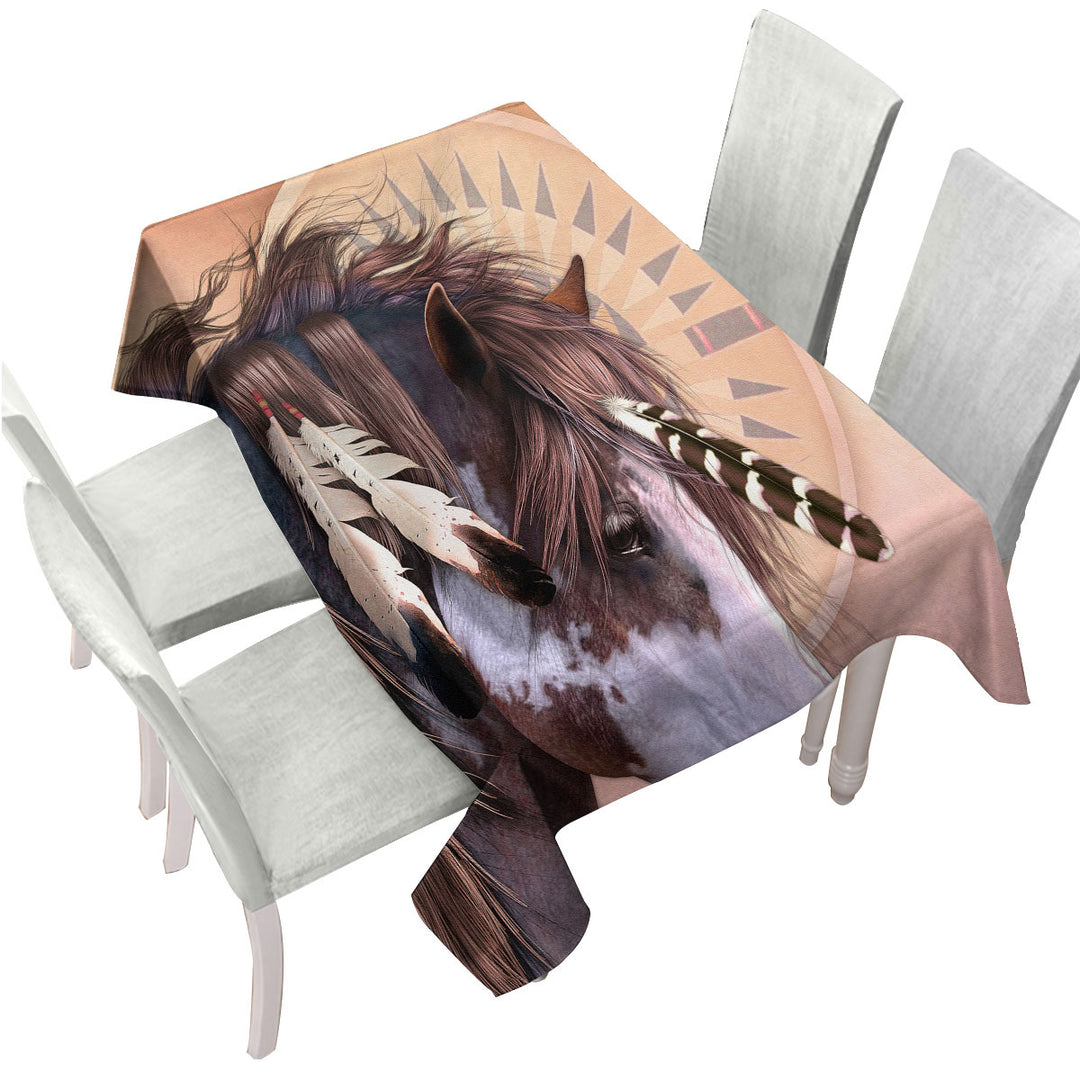 Native American Spirit Feathers Haired Horse Tablecloth