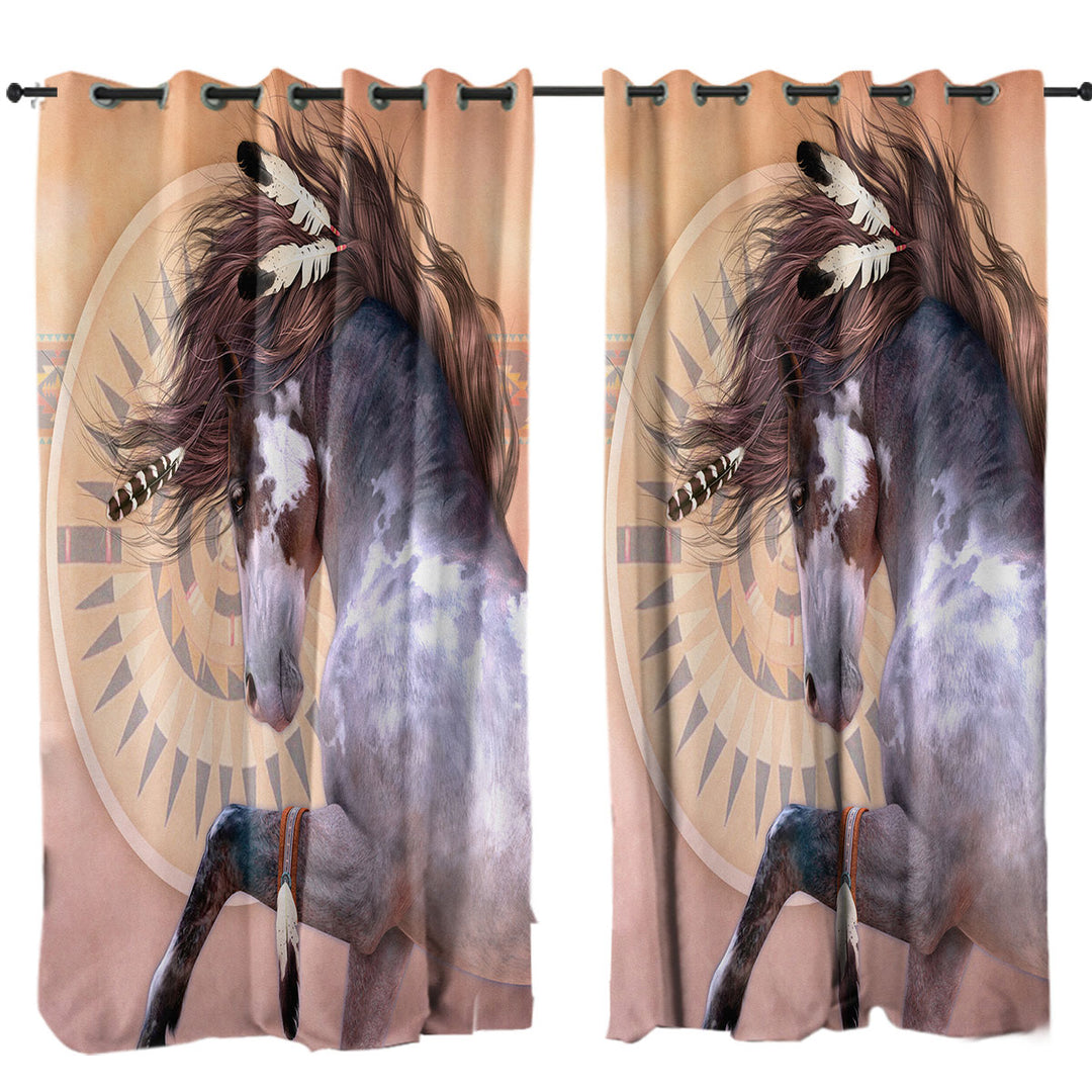 Native American Spirit White Black Pinto Horse Curtains