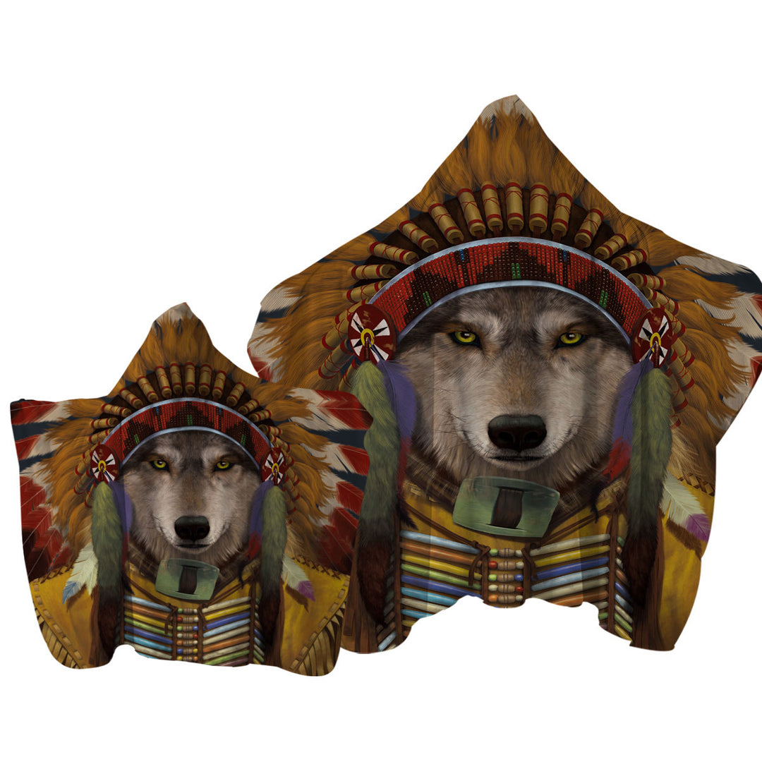 Native American Wolf Spirit Chief Hooded Beach Towel