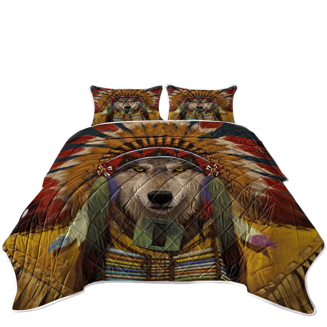 Native American Wolf Spirit Chief King Size Quilt Sets