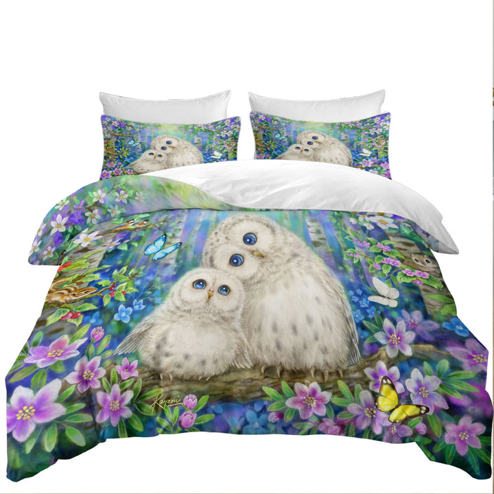 Nature Art Morning Breeze Flowers and Owls Duvet Cover