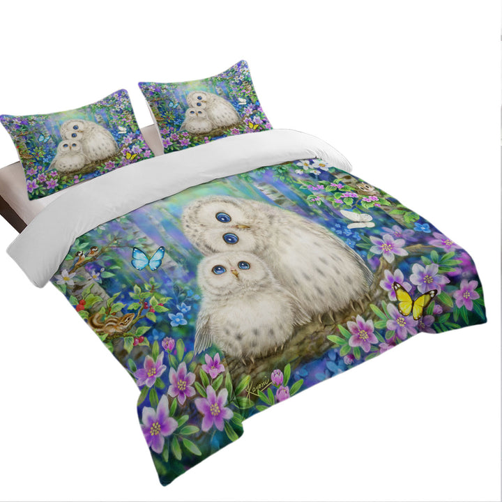 Nature Art Morning Breeze Flowers and Owls Duvet Covers