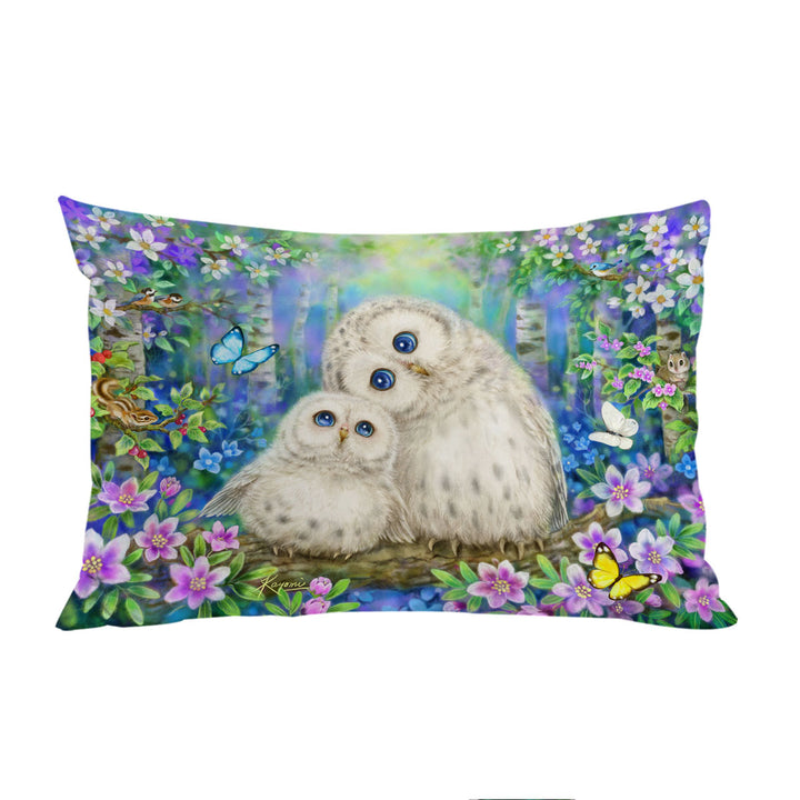 Nature Art Morning Breeze Flowers and Owls Pillowcase