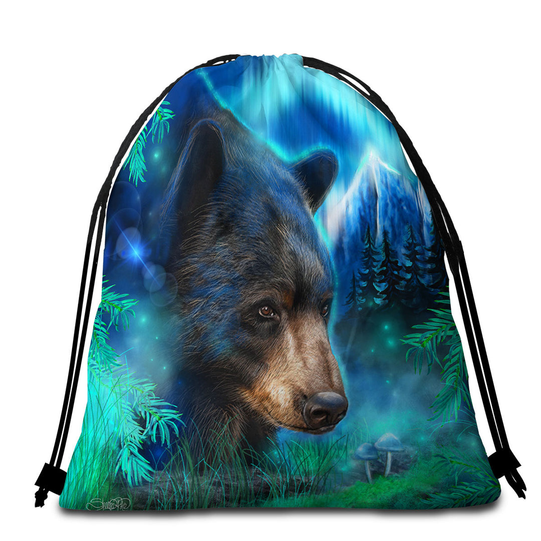 Nature Beach Towel Bags Art Northern Lights Black Bear