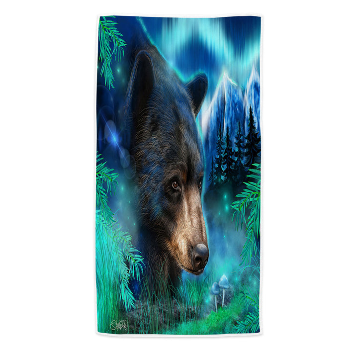 Nature Beach Towels Art Northern Lights Black Bear