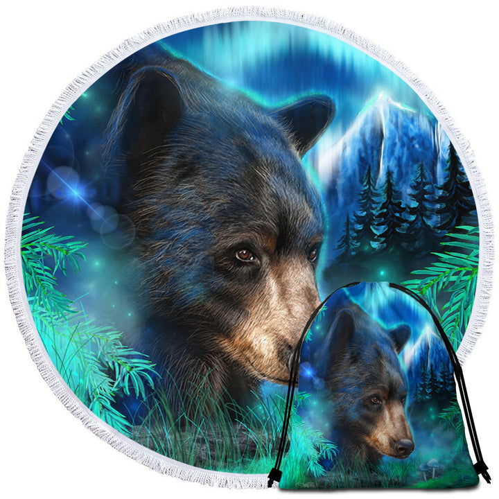 Nature Circle Beach Towel Art Northern Lights Black Bear