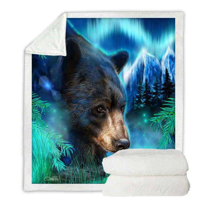 Nature Decorative Blankets Art Northern Lights Black Bear