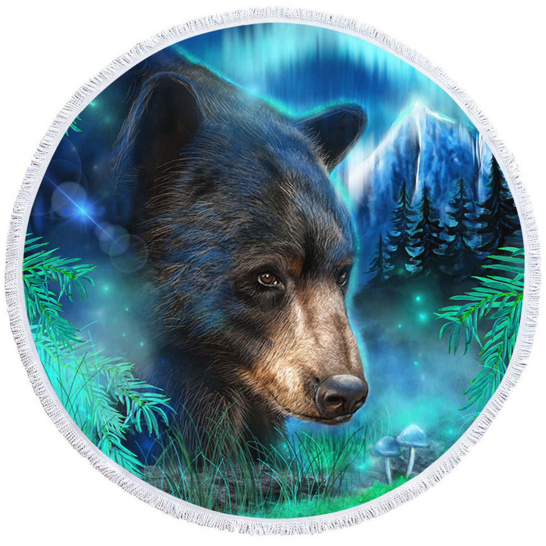 Nature Round Beach Towel Art Northern Lights Black Bear