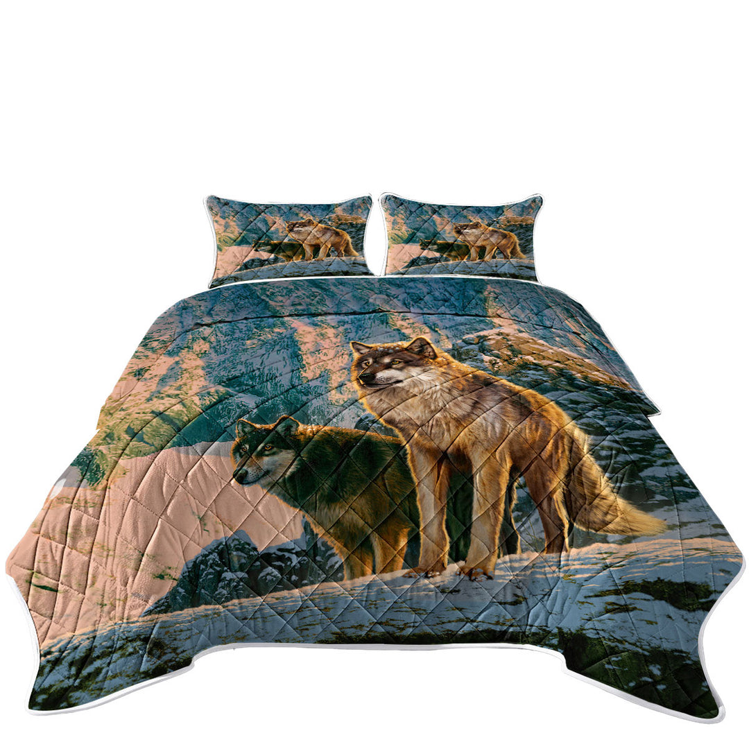 Nature Wildlife Art Wolf Couple in Sunset California King Quilt Sets