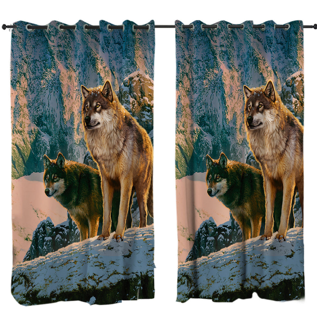 Nature Wildlife Art Wolf Couple in Sunset Curtains