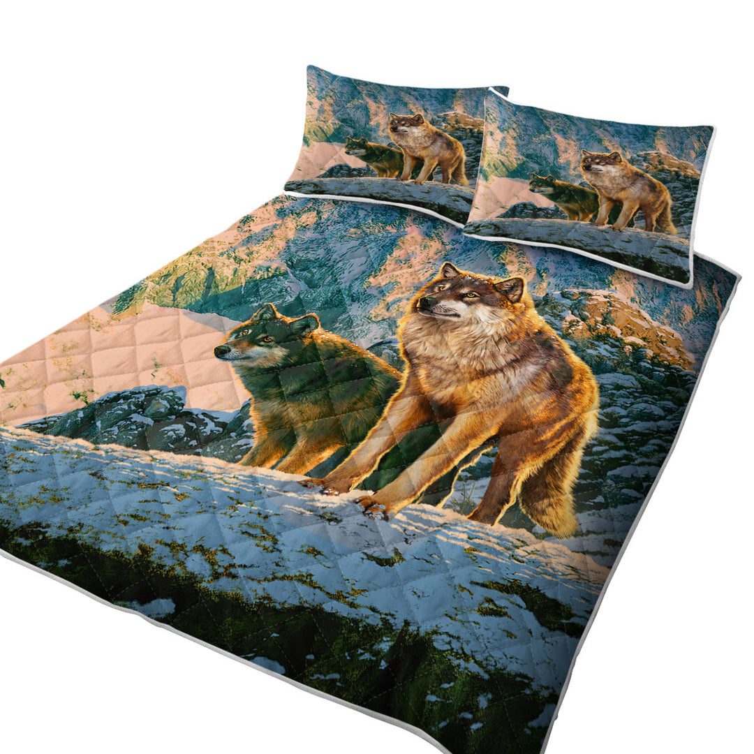 Nature Wildlife Art Wolf Couple in Sunset King Size Quilt Sets