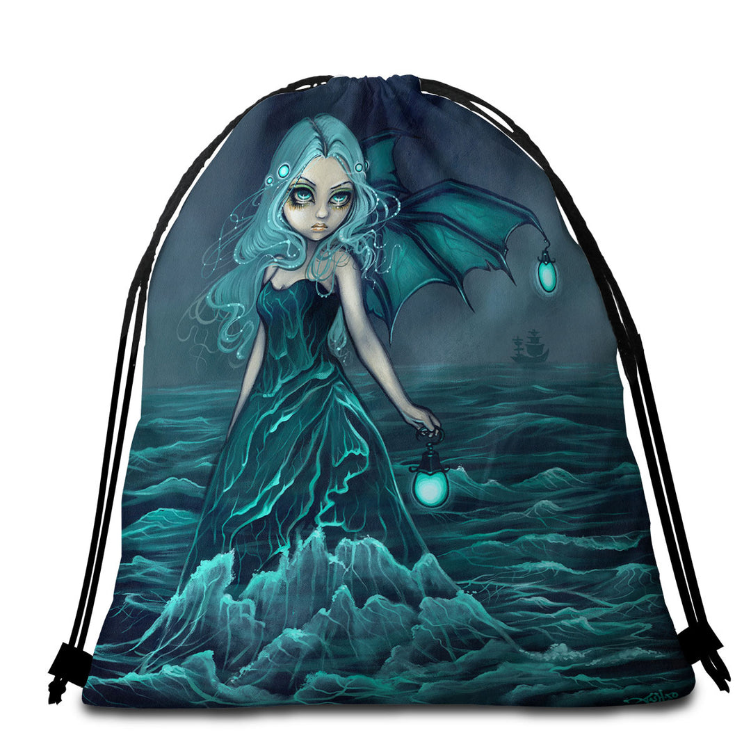 Nautical Beach Towels and Bags Set Fantasy Art Sea Beacon the Ocean Angel