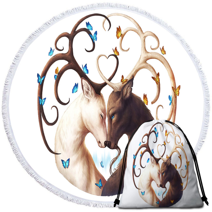 Nice Beach Towels and Bags Set Circle of Life Butterflies and Yin Yang Deer