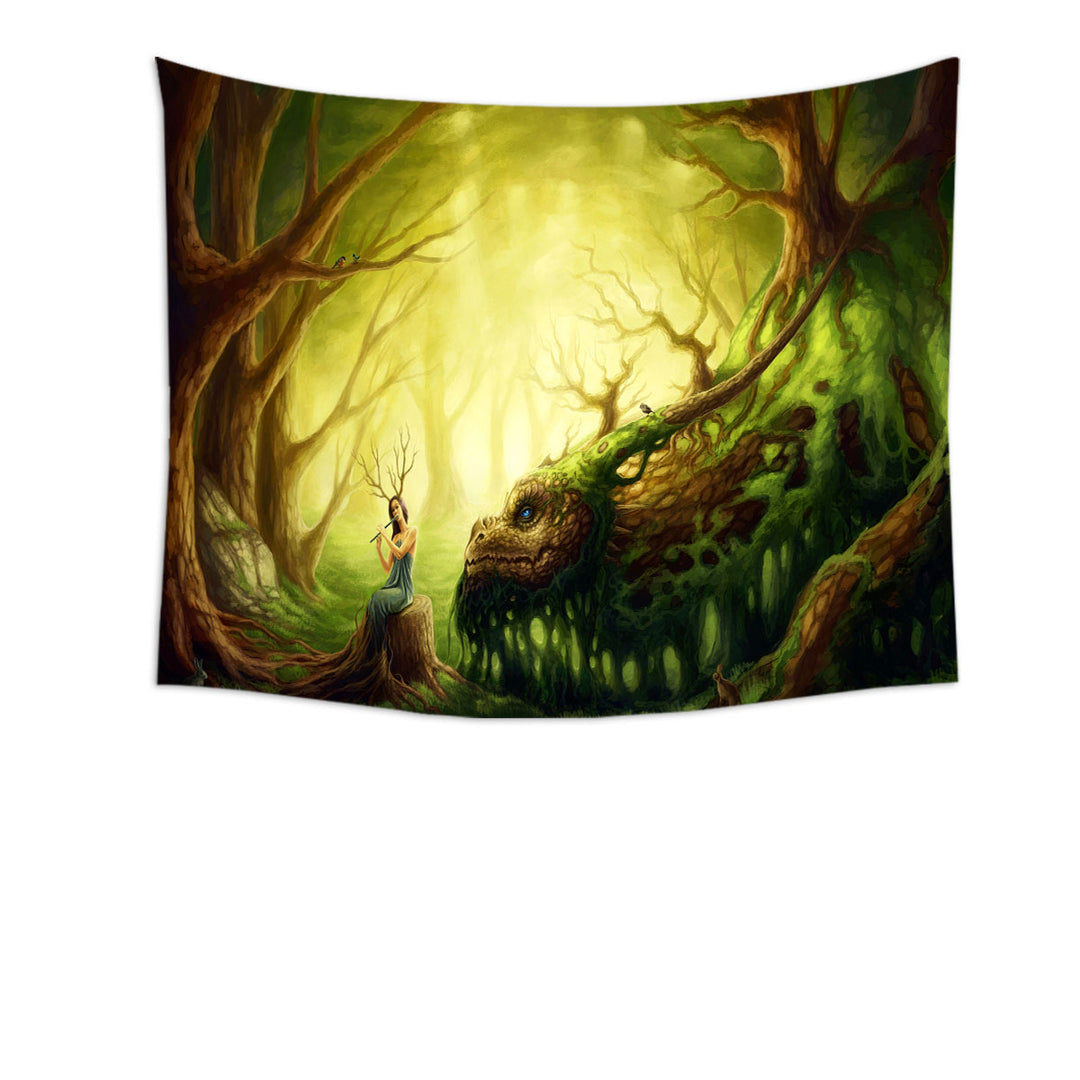 Nice Wall Decor Forgotten Fairytales Forest Fairy and Dragon Tapestry