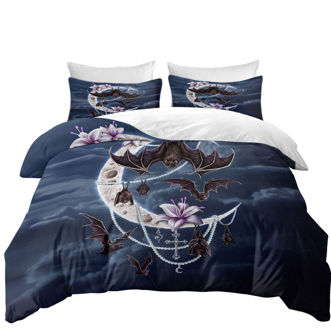 Night Art Bat Moon and Lilies California King Duvet Cover