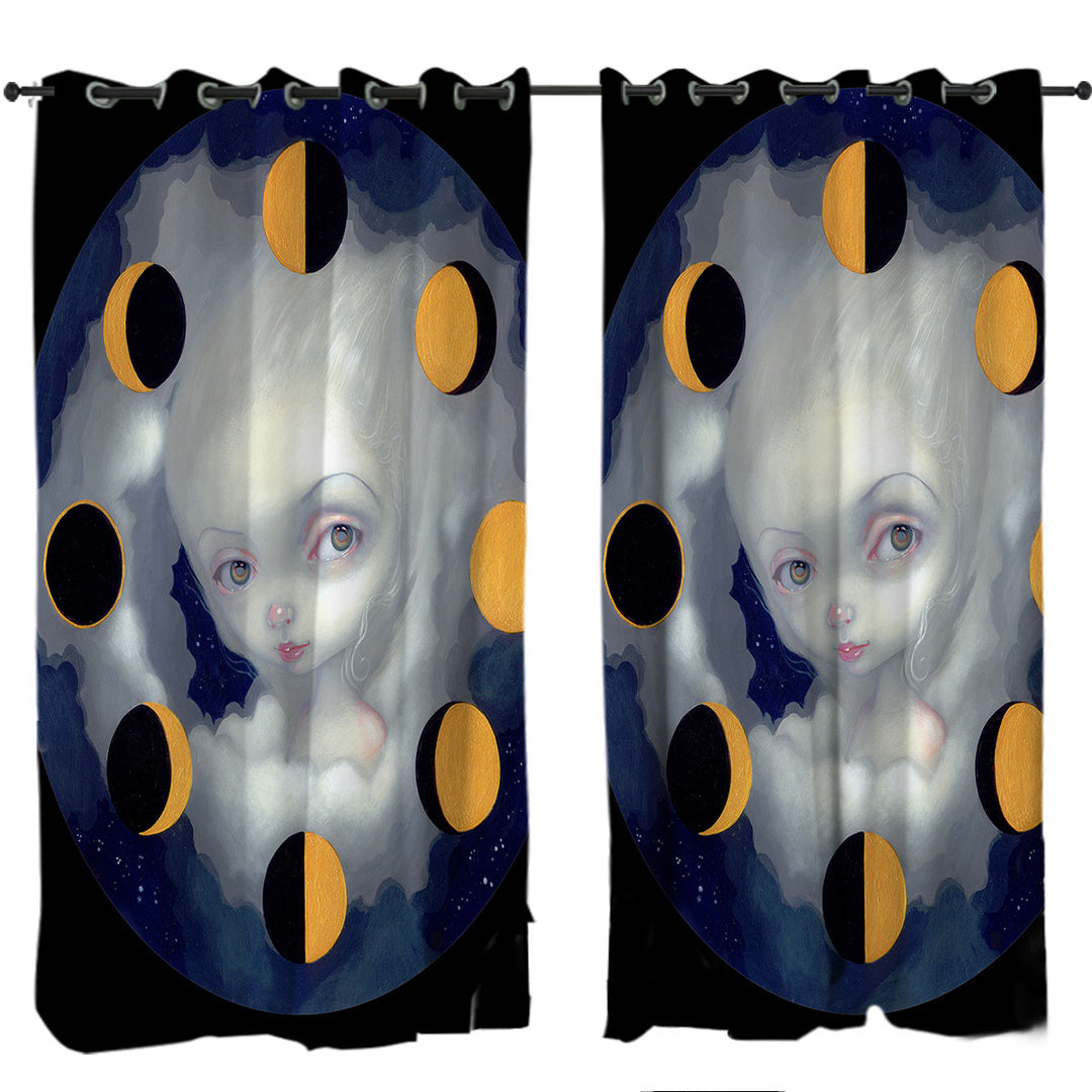 Night Sky Moon Phases Girl Curtain