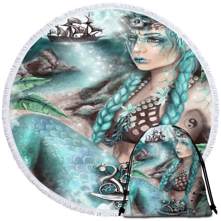 Nightshade Fantasy Art Pirate Ship and Mermaid Circle Beach Towels