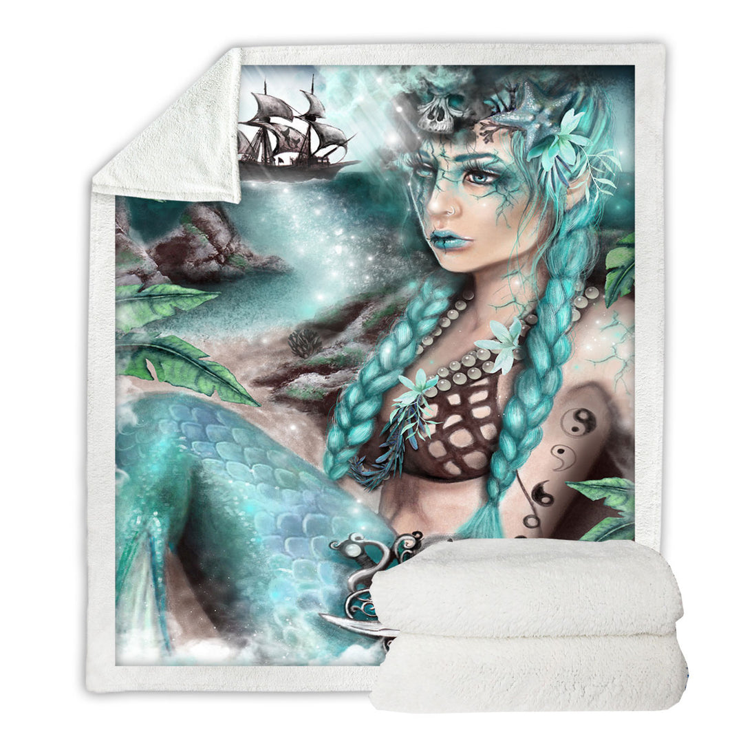 Nightshade Fantasy Art Pirate Ship and Mermaid Fleece Blanket