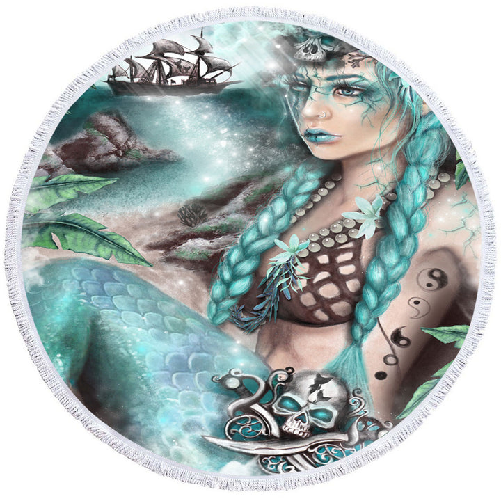 Nightshade Fantasy Art Pirate Ship and Mermaid Round Beach Towel