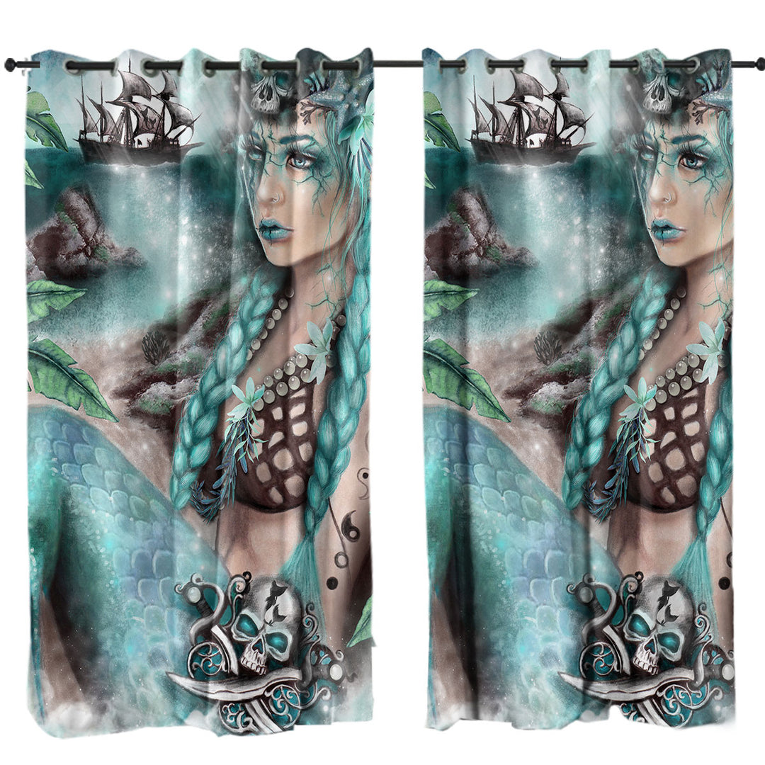 Nightshade Fantasy Art Pirate Ship and Mermaid Window Curtains