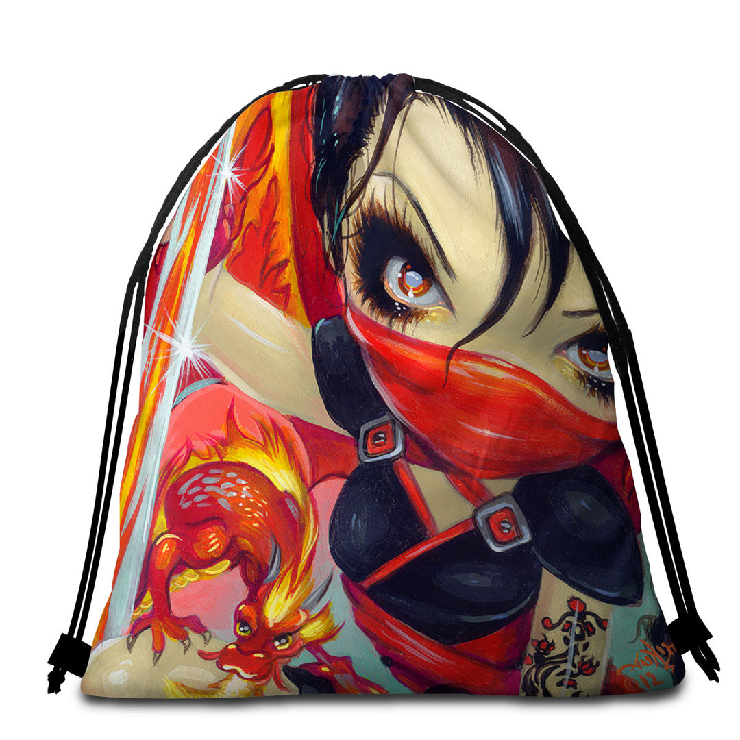 Ninja Beach Towel Pack Faces of Faery _185 Ninja Girl and Fire Dragon