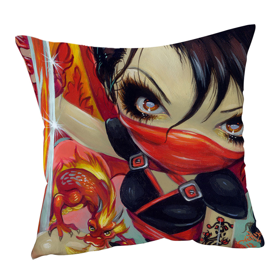 Ninja Cushion Cover Faces of Faery _185 Ninja Girl and Fire Dragon