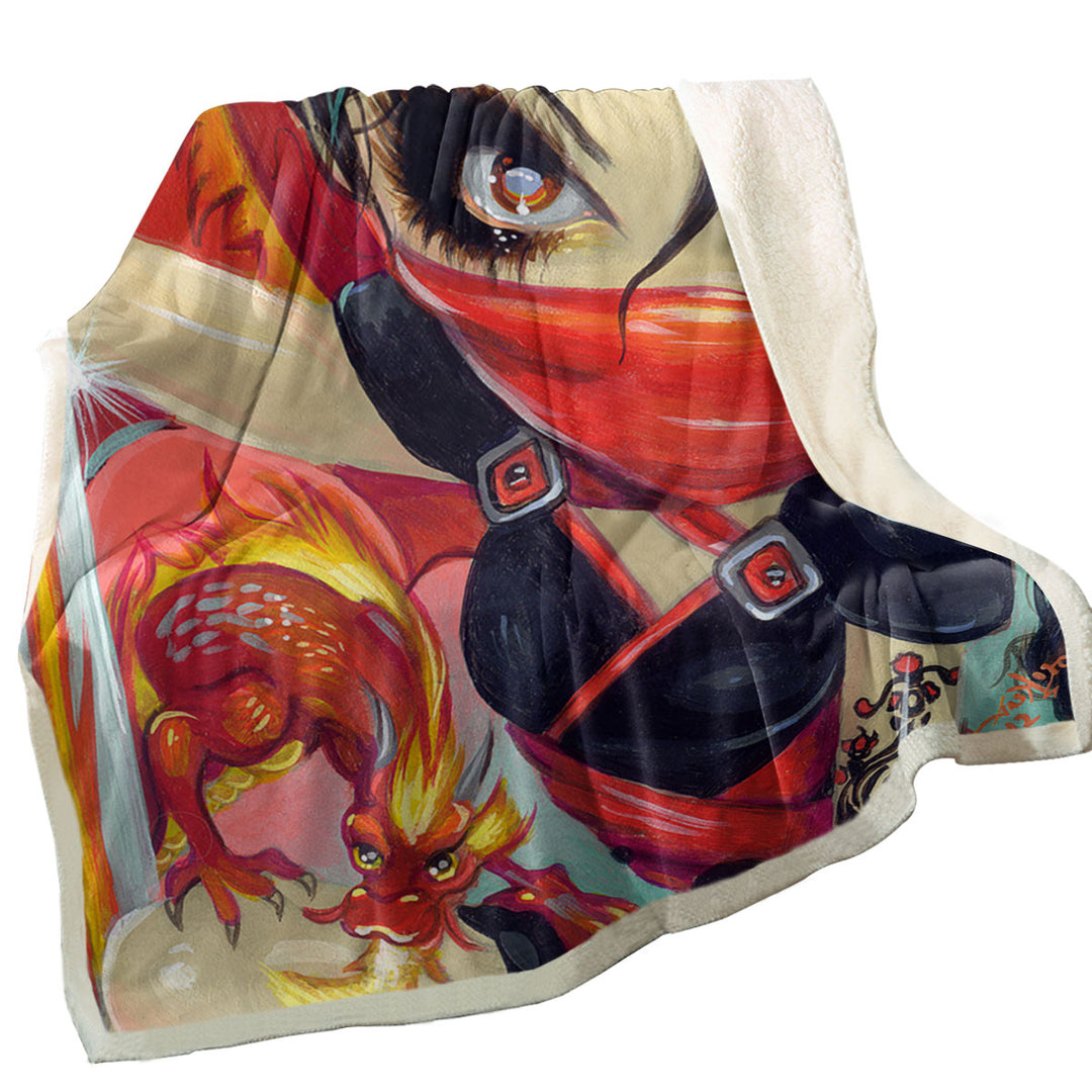 Ninja Fleece Blankets Faces of Faery _185 Ninja Girl and Fire Dragon