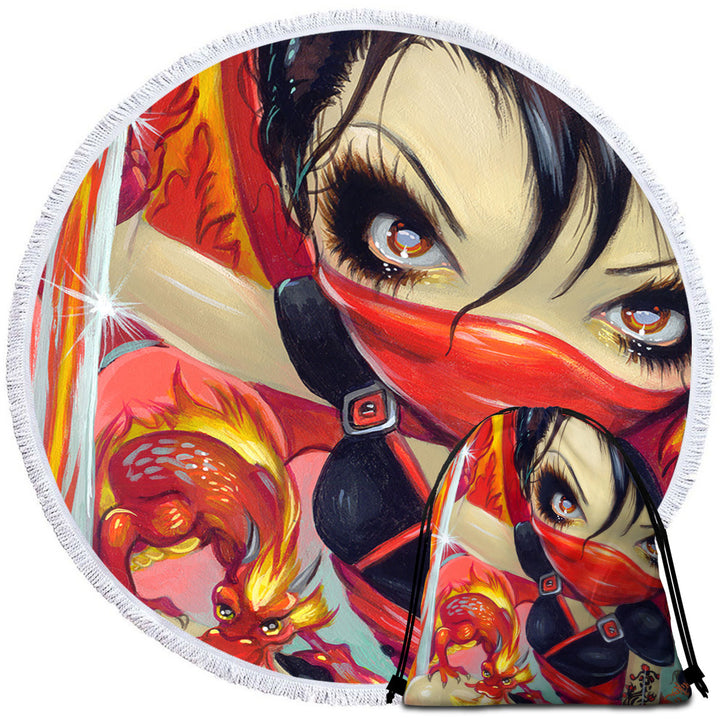 Ninja Round Beach Towel Faces of Faery _185 Ninja Girl and Fire Dragon