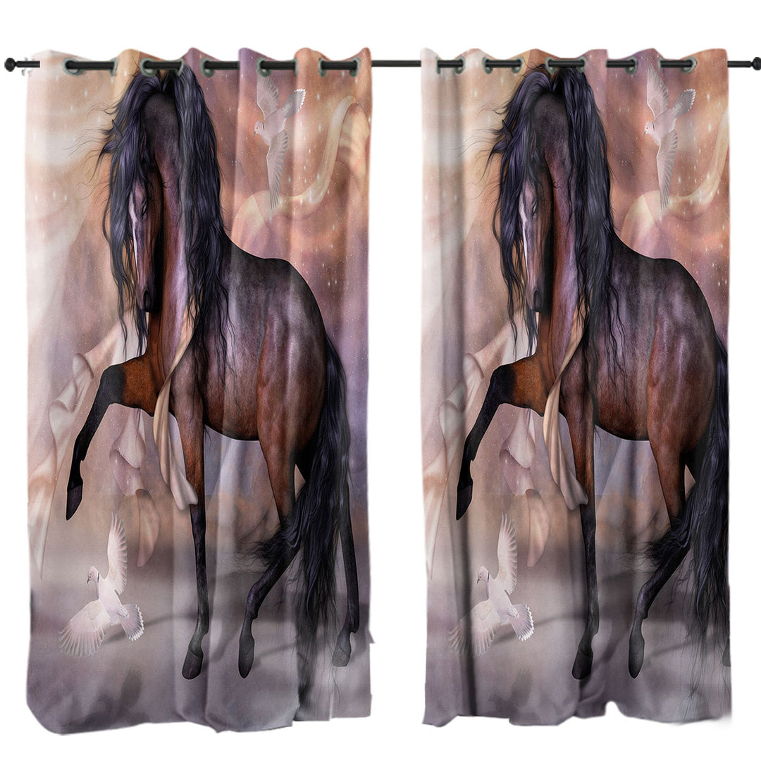 Noble and Graceful Brown Horse and Doves Drapes and Curtains