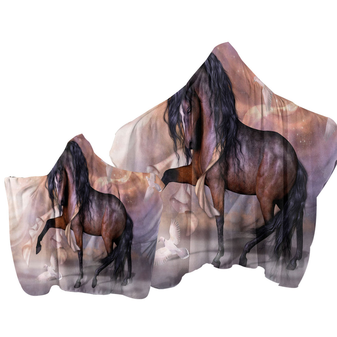 Noble and Graceful Brown Horse and Doves Hooded Beach Towel