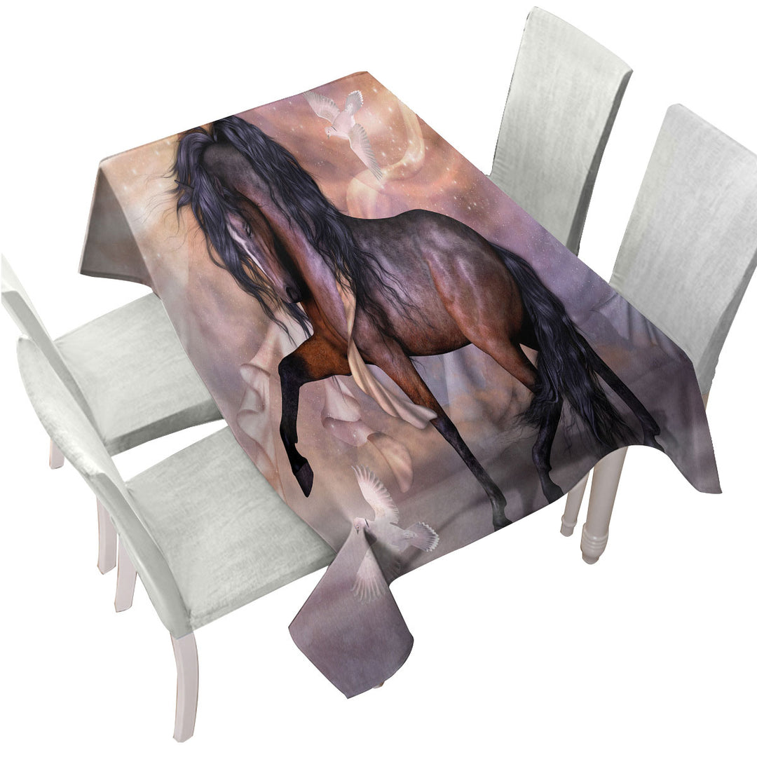 Noble and Graceful Brown Horse and Doves Table Cover