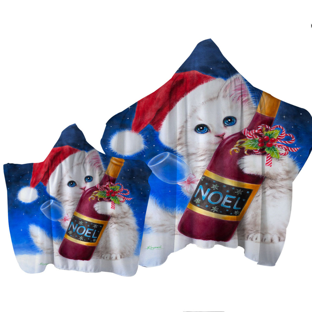 Noel Wine White Kitten Ready for Christmas Hooded Beach Towel