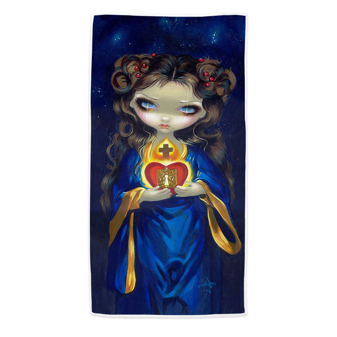 Occulta Cordis Beautiful Girl Holds Sacred Heart Microfiber Beach Towel