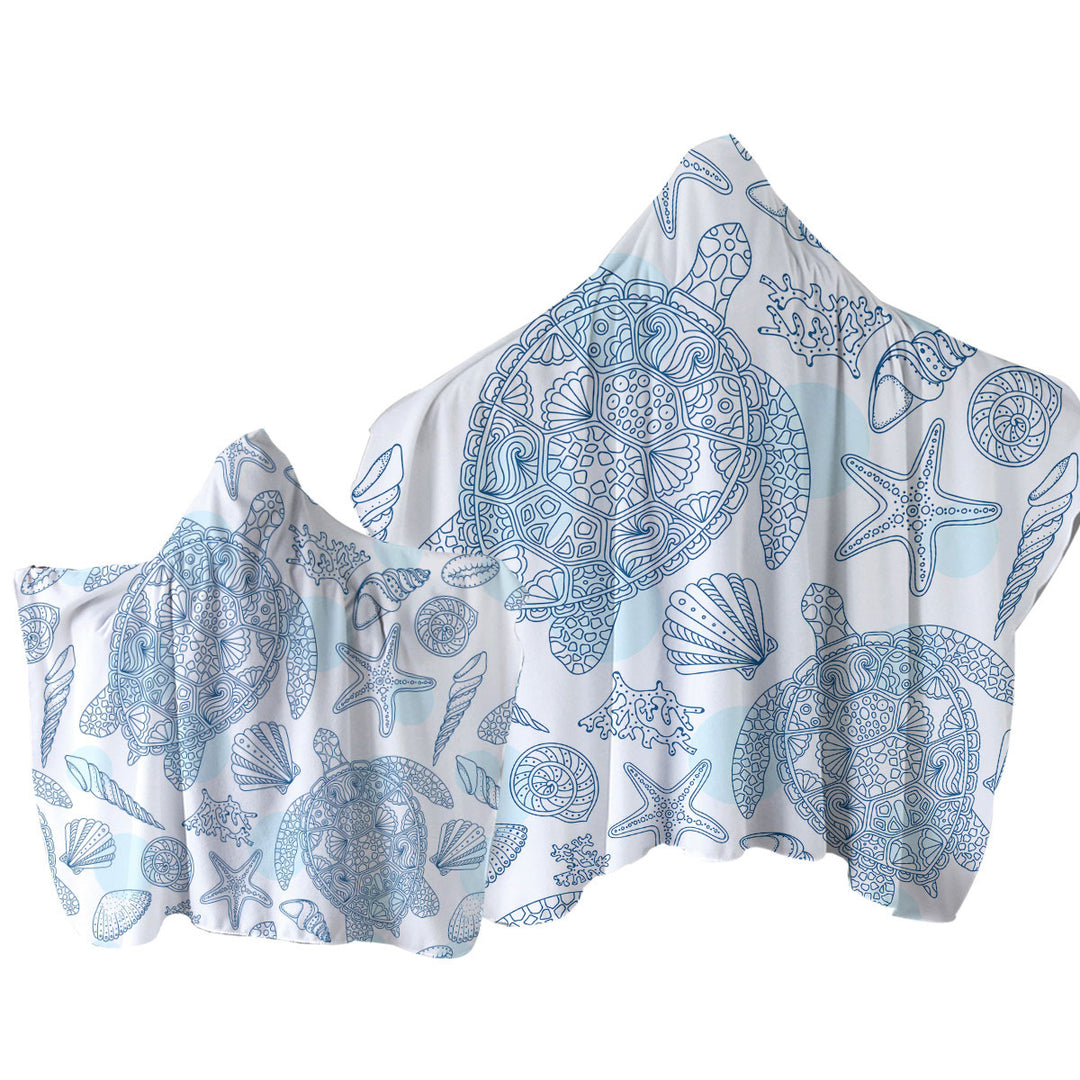 Ocean Drawing Turtles and Seashells Towel with Hood